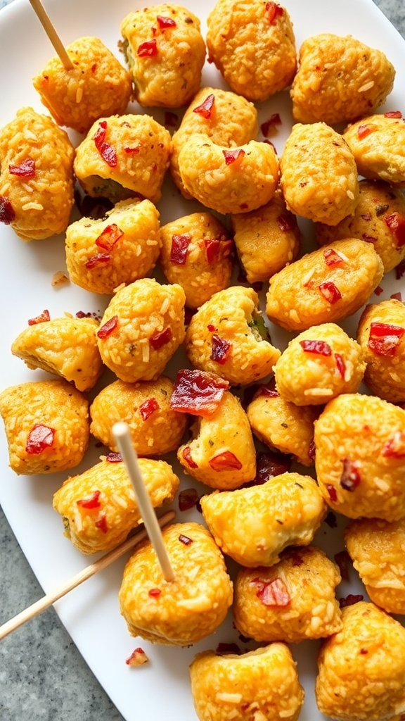 A platter of crispy chicken bites wrapped in bacon, garnished with red pepper flakes