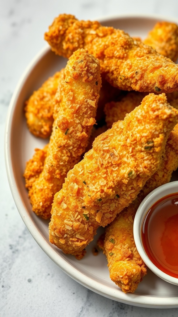 Plate of crispy parmesan herb crusted chicken tenders with dipping sauce