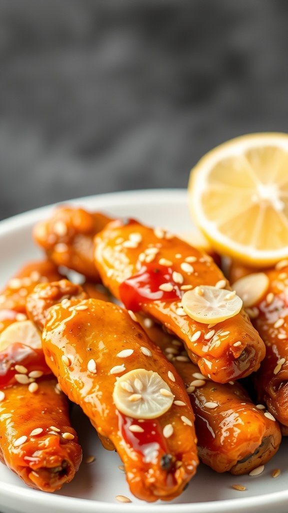 Plate of crispy sesame ginger chicken wings garnished with sesame seeds and garlic slices.