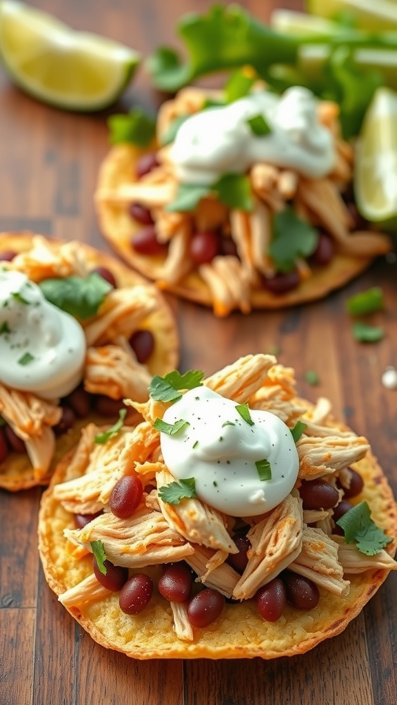 Crispy shredded chicken tostadas topped with black beans, sour cream, and cilantro