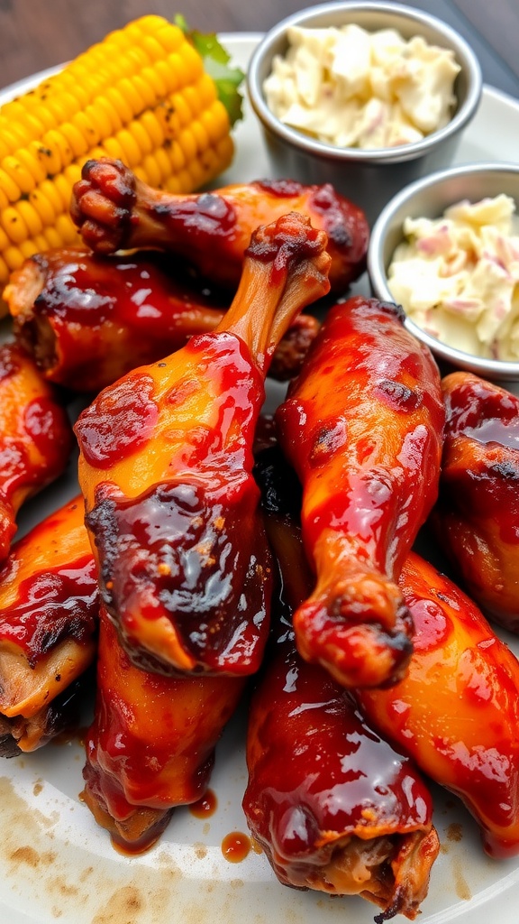 Crispy smoky BBQ chicken wings with corn and coleslaw on a plate.