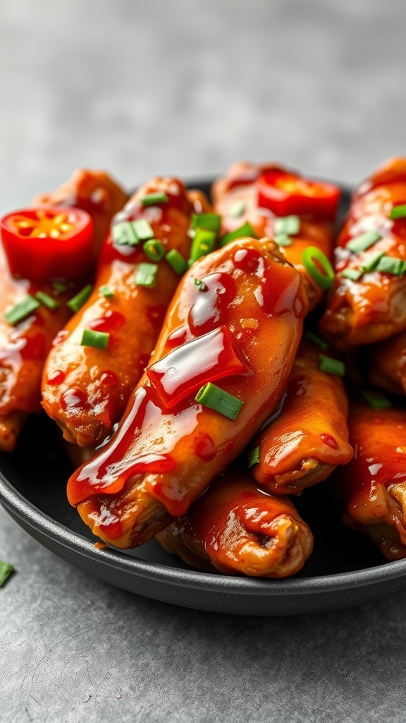 Crispy Sweet Chili Air Fryer Chicken Wings garnished with red chili and green onions.