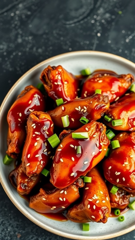 A plate of crispy teriyaki glazed chicken wings topped with sesame seeds and chopped green onions