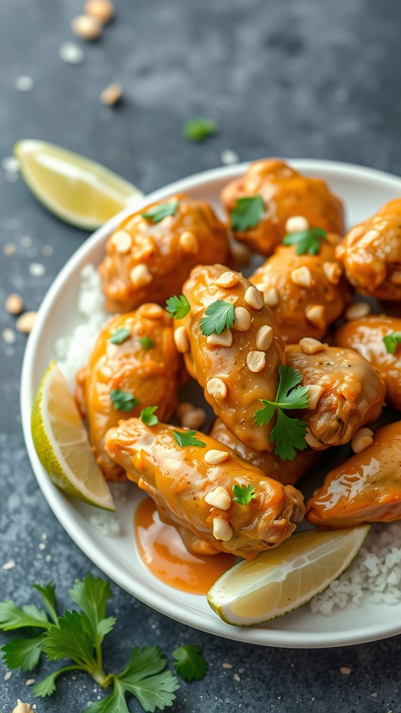 A plate of crispy Thai peanut chicken wings garnished with peanuts and cilantro, served with lime wedges.