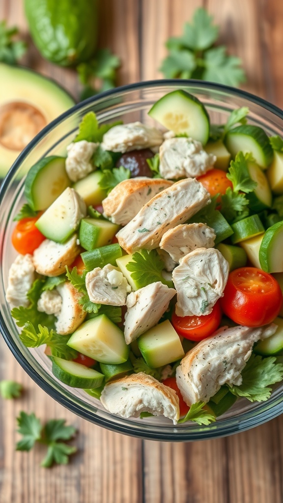 A bowl of crunchy cucumber chicken salad with avocado, featuring colorful vegetables and grilled chicken.