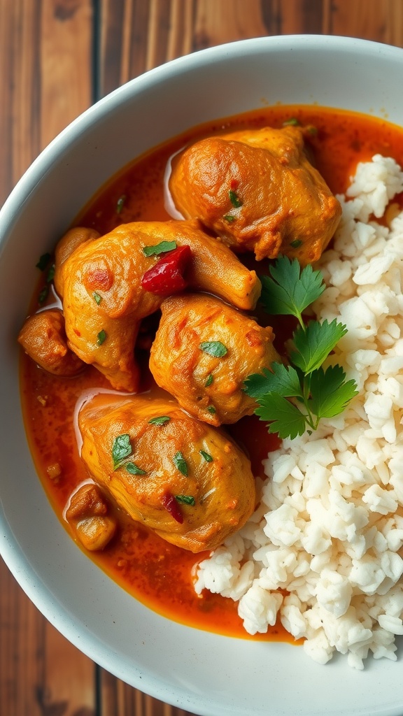 A bowl of curried chicken served with fluffy coconut rice.