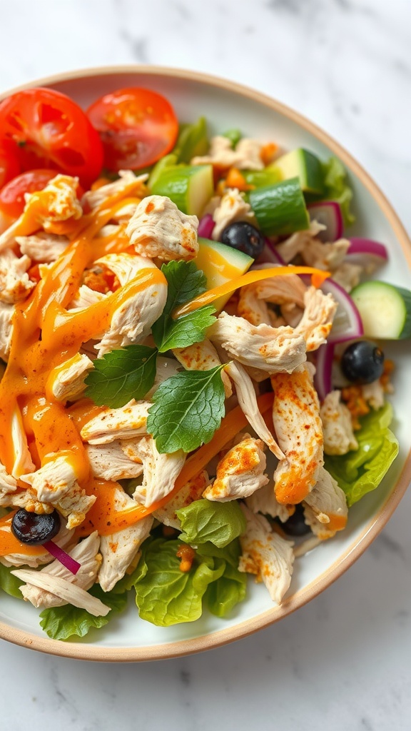 A colorful bowl of curry spiced chicken salad with fresh vegetables and curry dressing