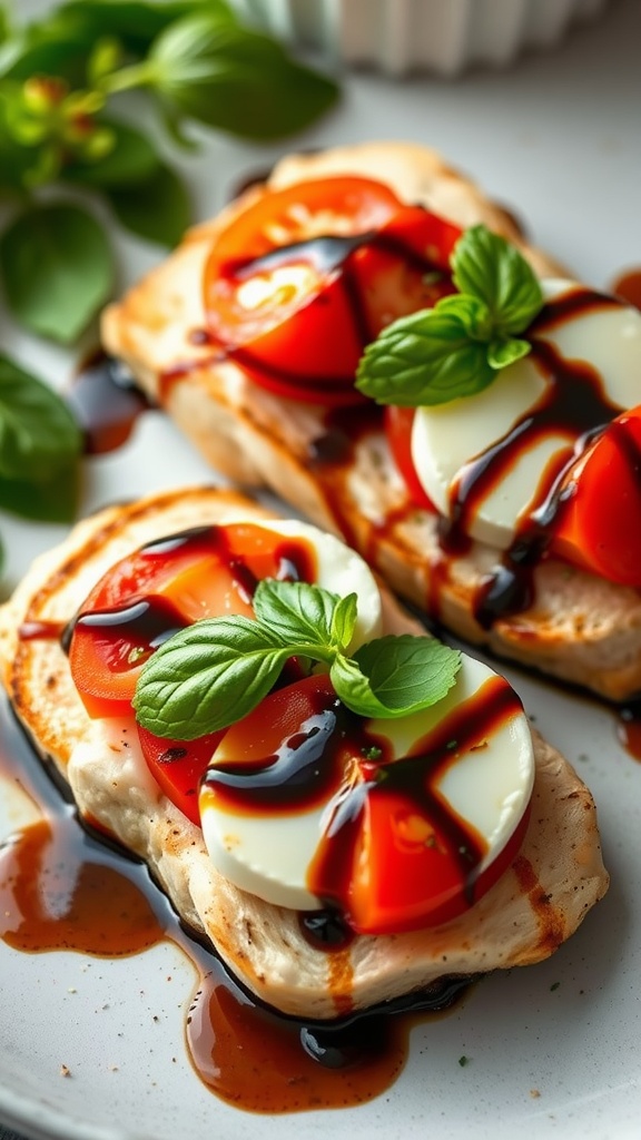 Plate of Caprese Stuffed Chicken topped with mozzarella, tomatoes, and basil drizzled with balsamic glaze