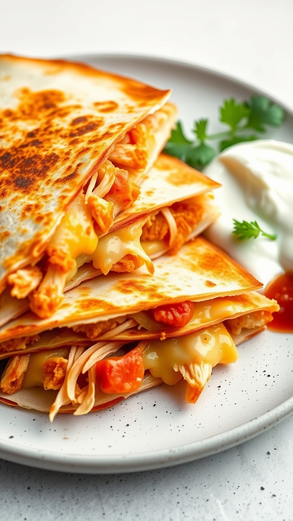 Delicious cheesy chicken quesadillas served with salsa and sour cream