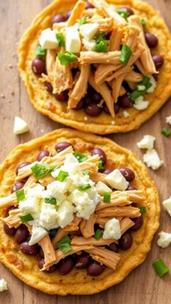 Plate of chicken sopes with refried beans, topped with shredded chicken, green onions, and cheese.