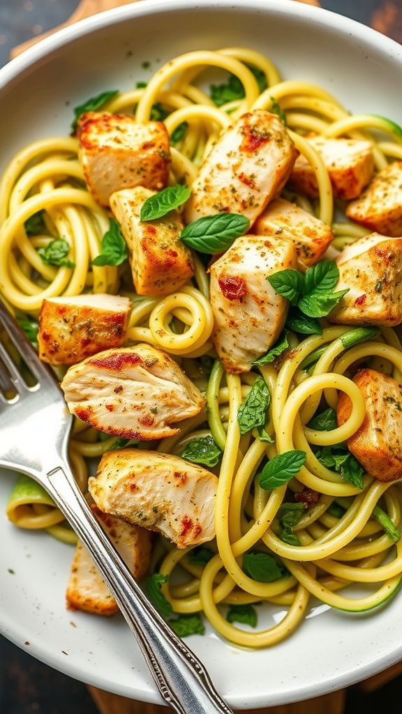 A plate of pesto chicken served with zucchini noodles, garnished with fresh basil.