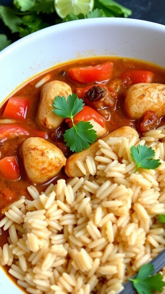 A bowl of Mexican Arroz Con Pollo featuring chicken, rice, and vegetables.