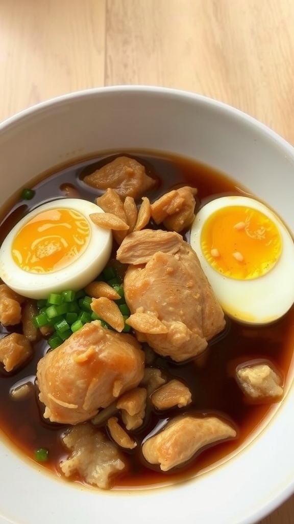 A bowl of Oyakodon featuring chicken, soft-boiled eggs, and green onions in brown sauce