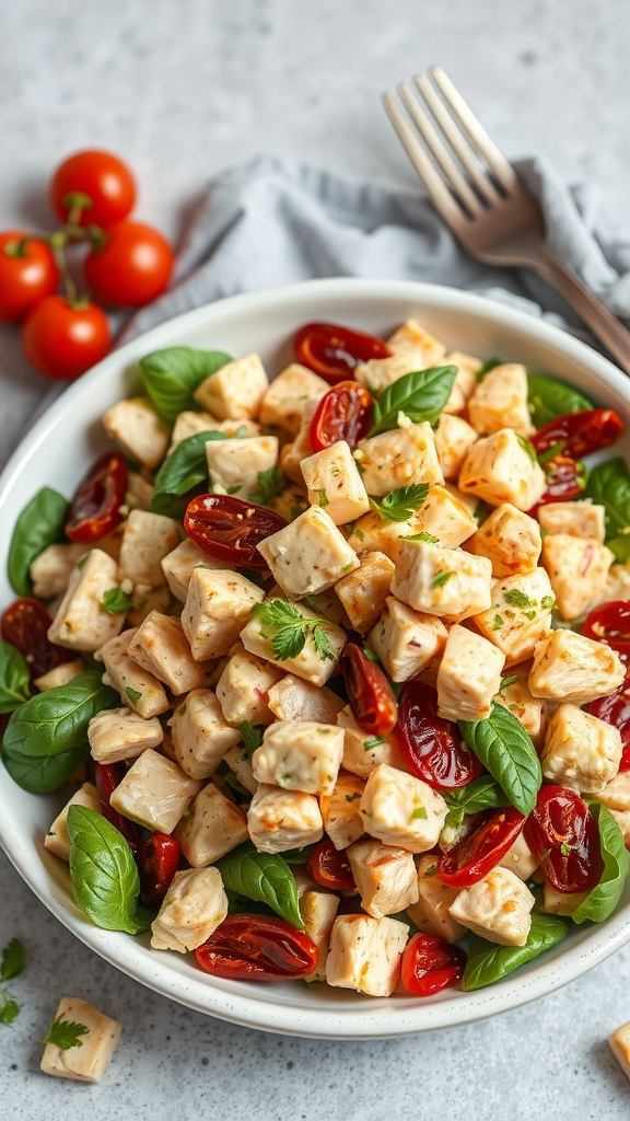 A bowl of delicious sun-dried tomato chicken salad with cherry tomatoes and fresh basil.