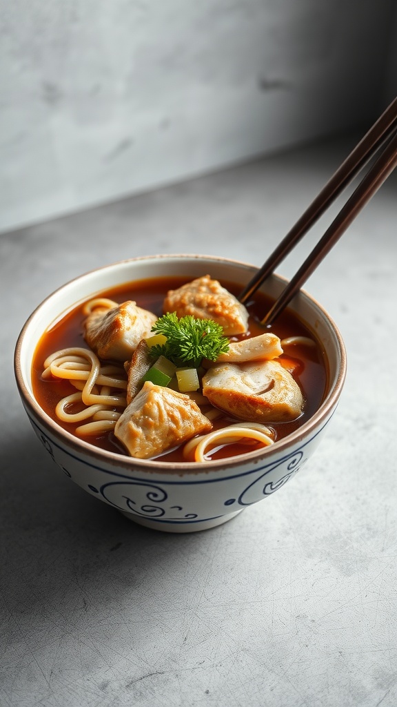 A bowl of udon noodles with chicken and teriyaki broth, garnished with herbs.