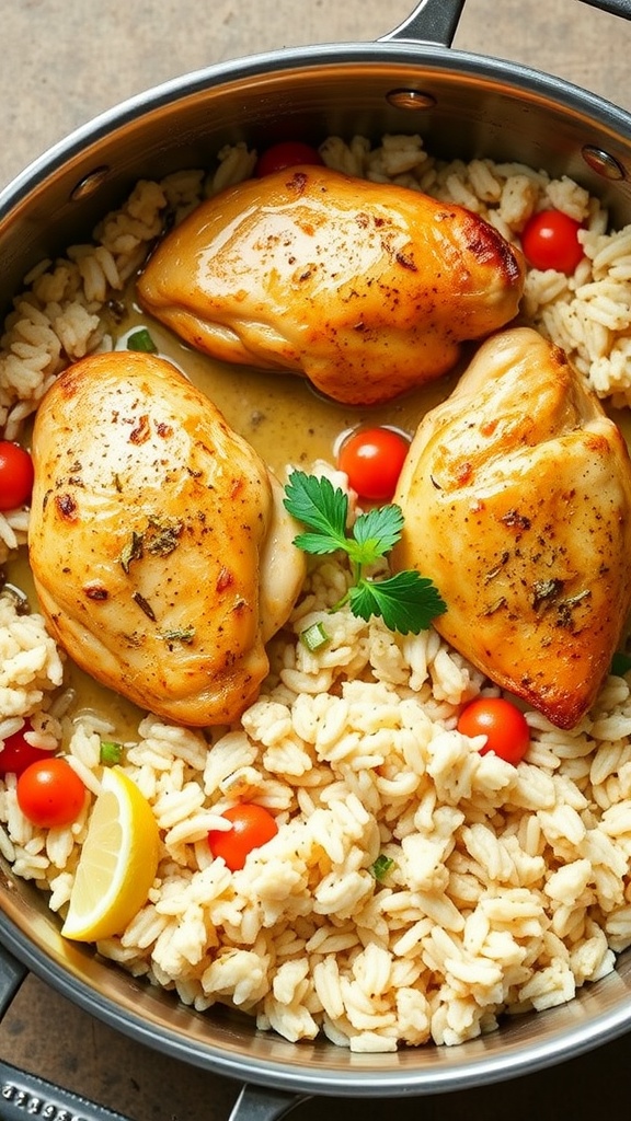 A skillet filled with garlic butter chicken, rice, cherry tomatoes, and herbs.