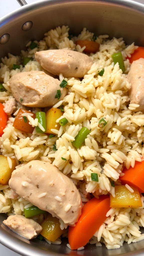 A close-up of a one-pot chicken and rice dish with colorful vegetables.