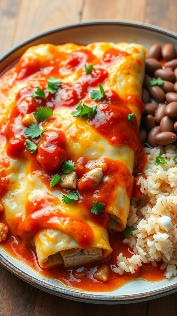 A plate of chicken enchiladas topped with red sauce and cilantro, served with rice and beans