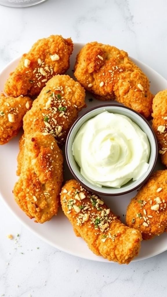 A plate of crispy chicken tenders with everything bagel seasoning and a creamy dipping sauce.