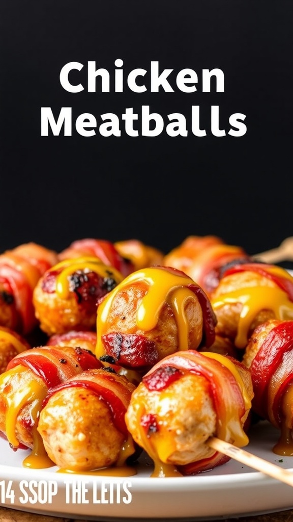 Bacon-wrapped chicken meatballs drizzled with cheese on a plate