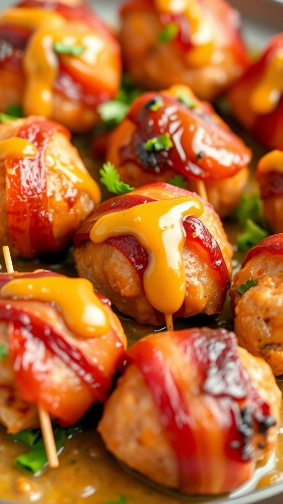 Bacon-wrapped chicken meatballs with honey mustard glaze on a platter