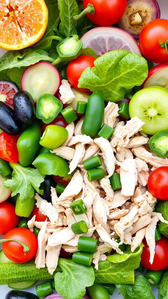 A colorful garden chicken salad with greens, tomatoes, cucumbers, and oranges.