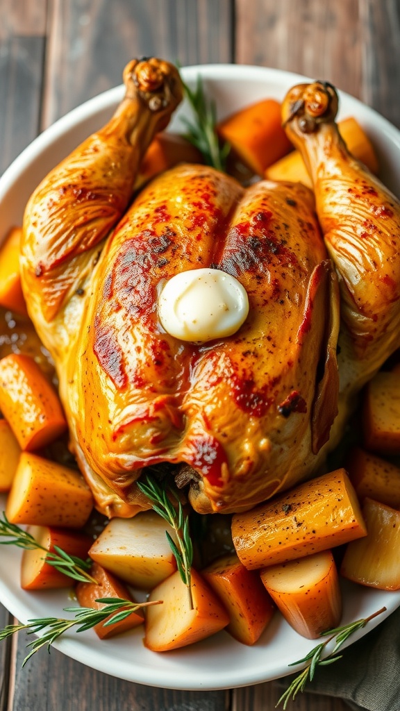 A roast chicken topped with butter surrounded by root vegetables on a platter.