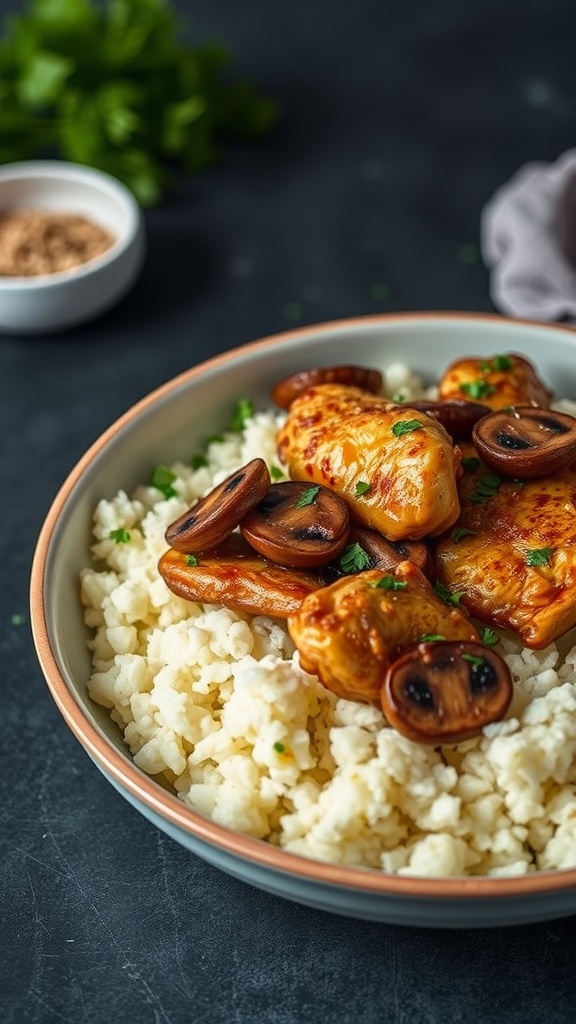 A bowl of garlic mushroom chicken served over cauliflower rice, garnished with parsley.