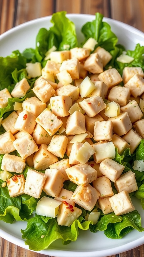 A bowl of garlic parmesan chicken salad on a wooden surface.