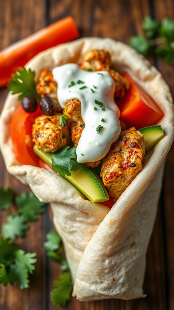 Greek Chicken Gyro Wrap filled with chicken, vegetables, and tzatziki sauce