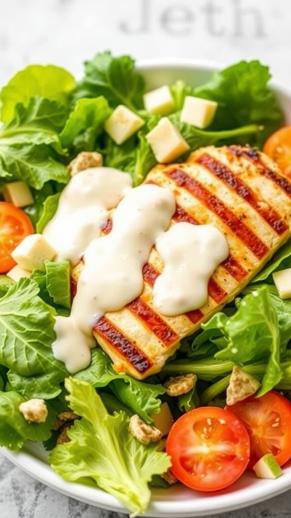 A bowl of Grilled Chicken Caesar Salad with greens, grilled chicken, and Caesar dressing.