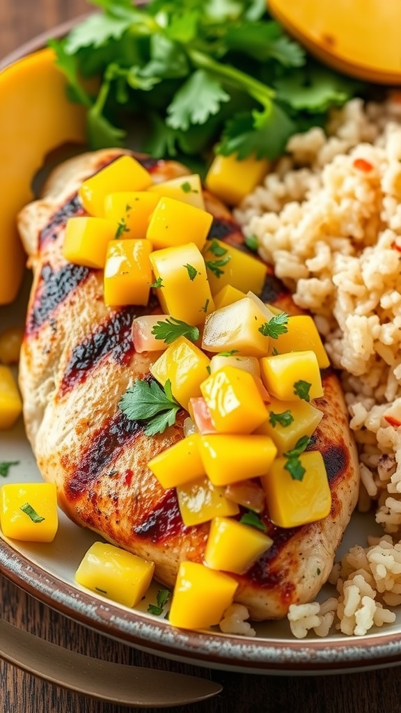 A plate of grilled chicken topped with fresh mango salsa, served with rice and cilantro.