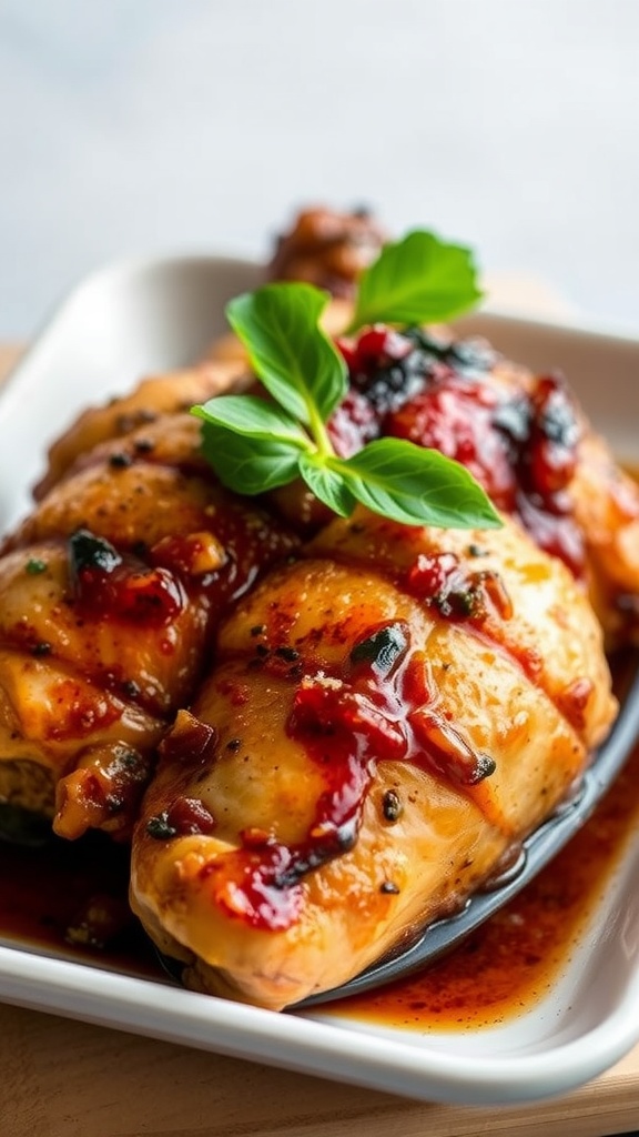 Grilled miso chicken served with sauce and garnished with shiso leaves