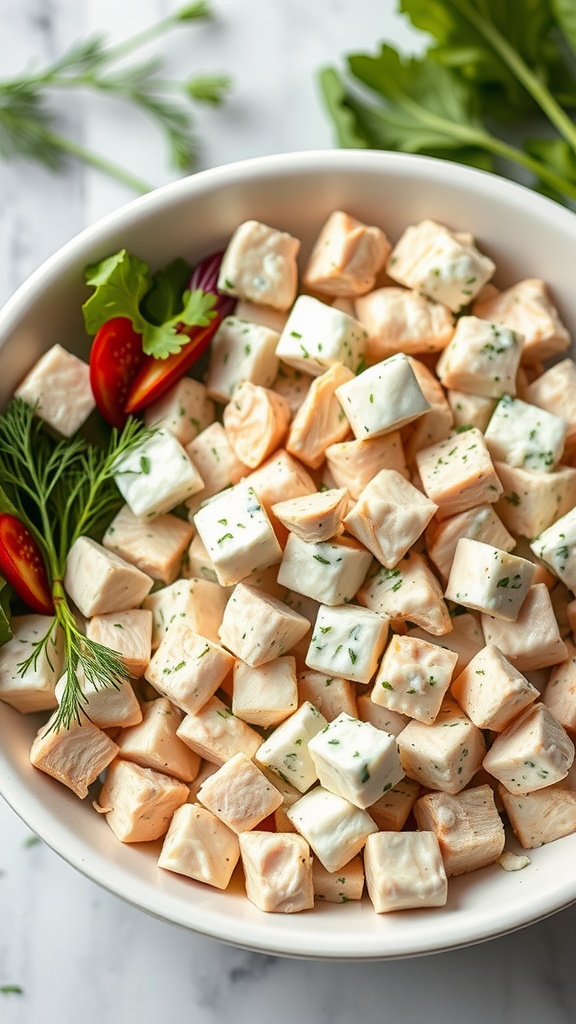 A bowl of Greek yogurt chicken salad with colorful ingredients.