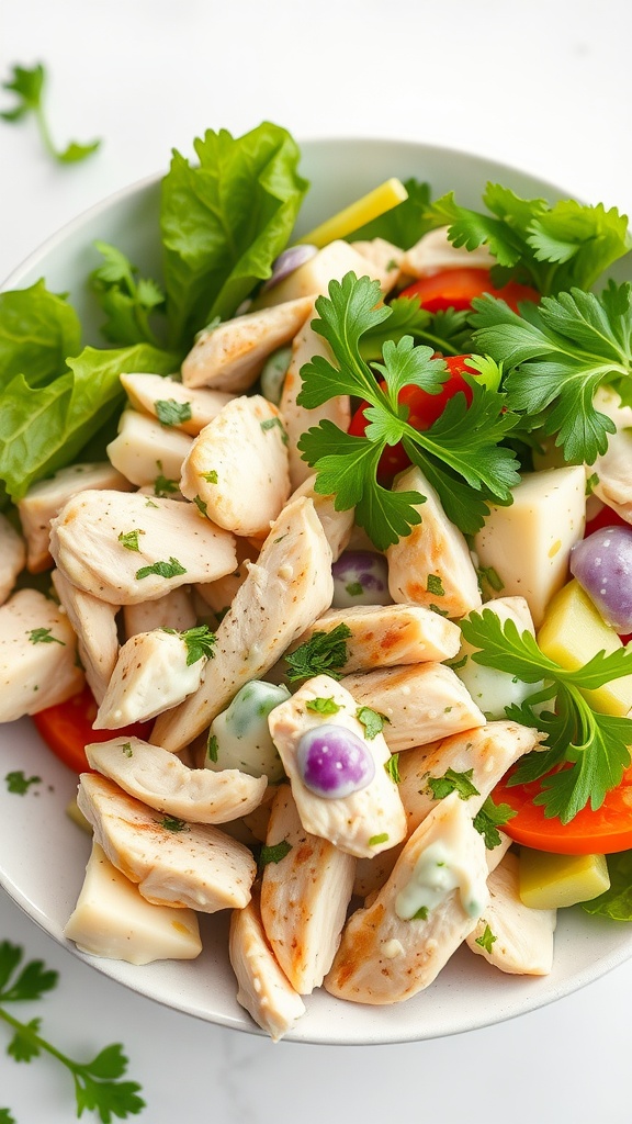 Healthy Herb Mustard Chicken Salad with chicken, greens, and colorful vegetables in a bowl.