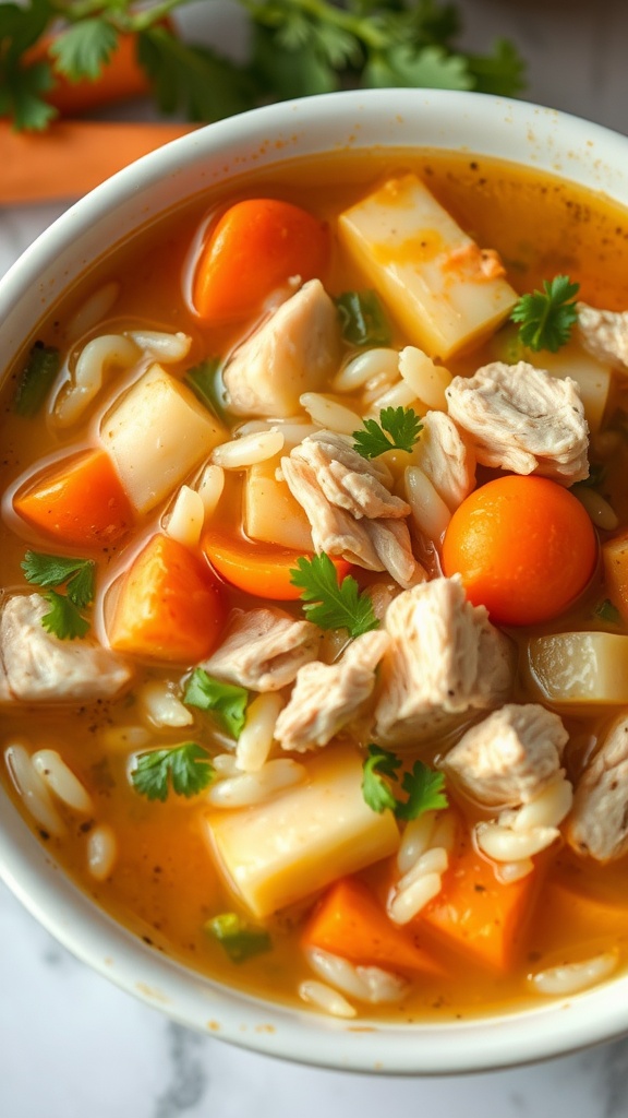 A bowl of hearty chicken and rice soup with vegetables