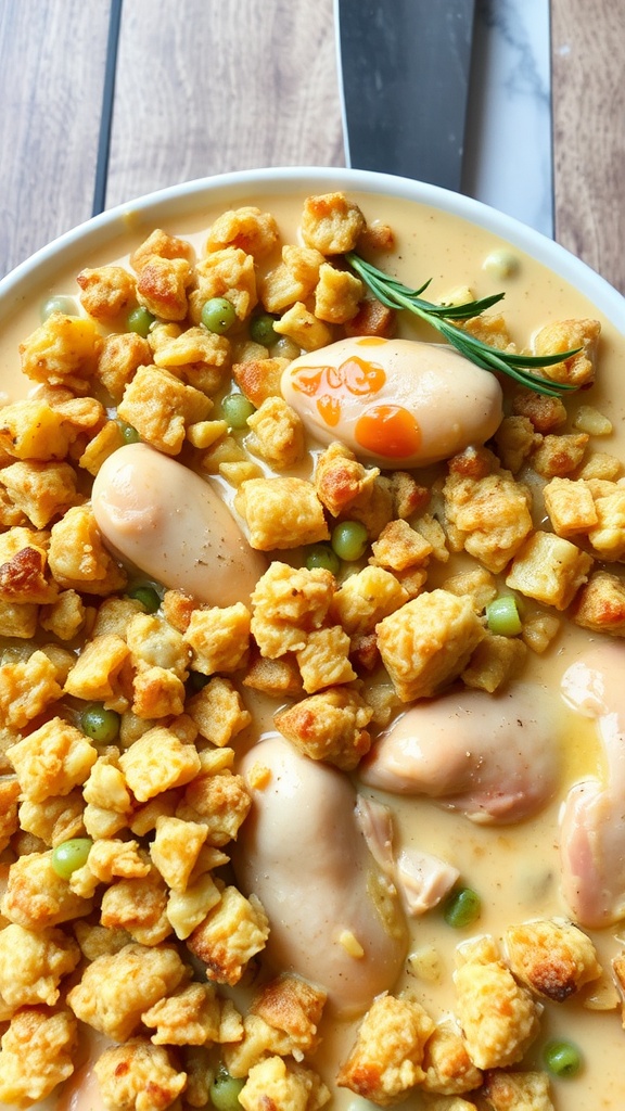 A bowl of Hearty Chicken and Stuffing Casserole topped with golden stuffing and peas.