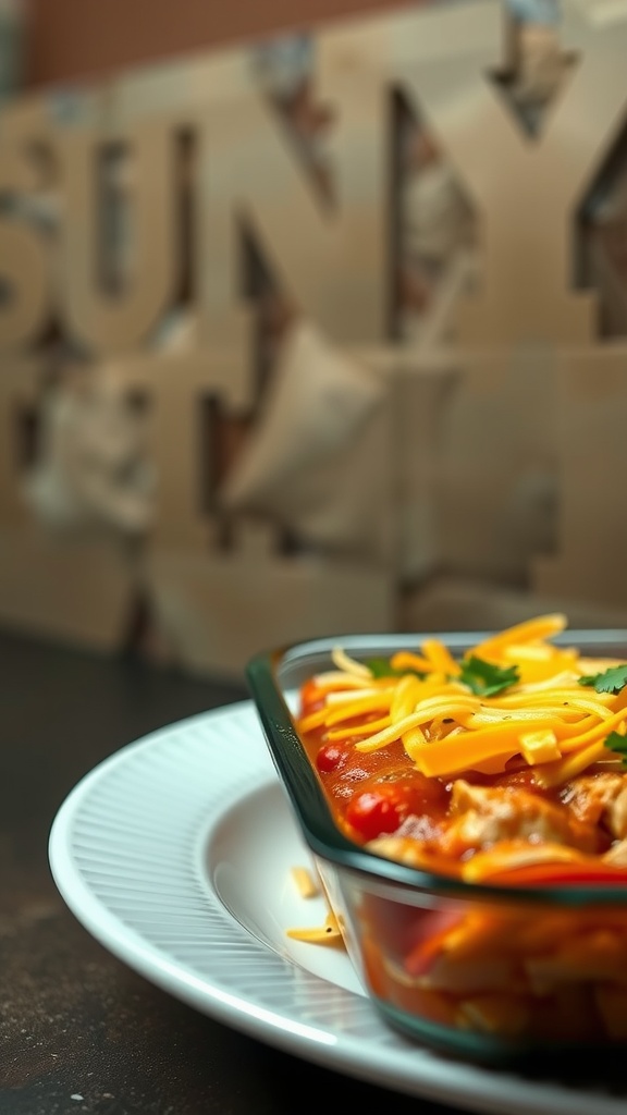 A serving of chicken enchilada casserole topped with cheese and herbs.