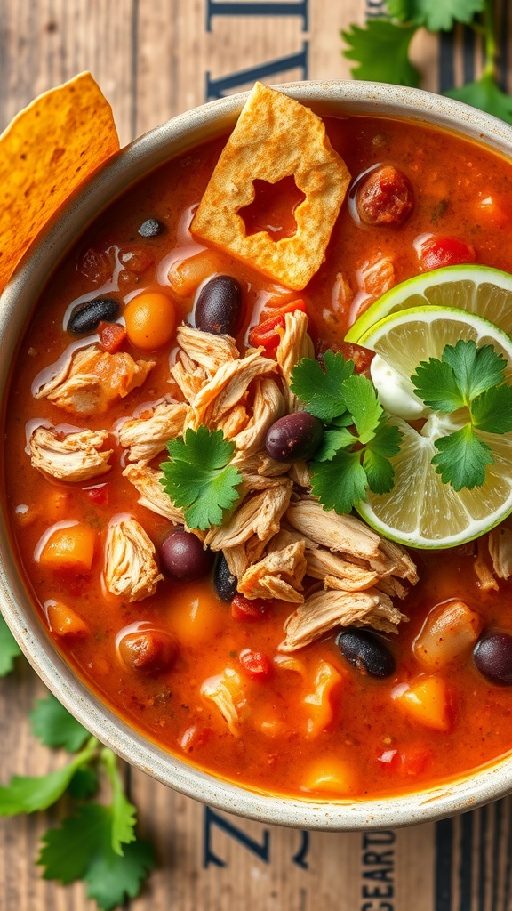 A bowl of hearty chicken tortilla soup with shredded chicken, black beans, corn, and garnished with cilantro, lime, and tortilla strips.