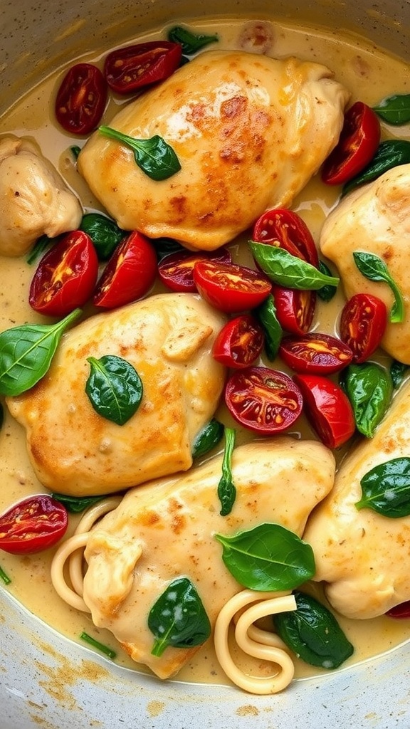 Hearty Slow Cooker Tuscan Chicken with cherry tomatoes and spinach