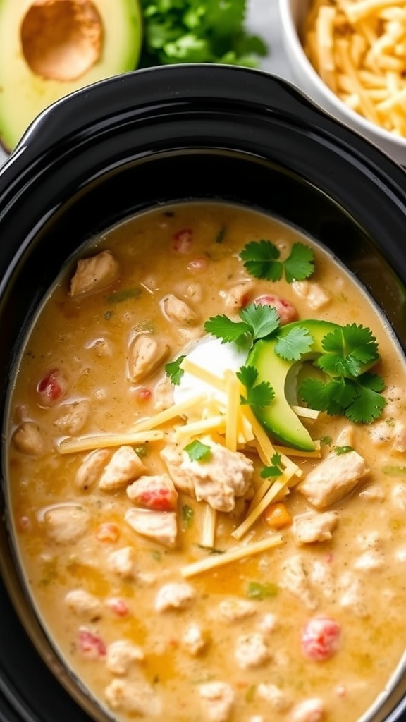 A slow cooker filled with creamy white chicken chili garnished with cilantro and served with avocado and cheese.