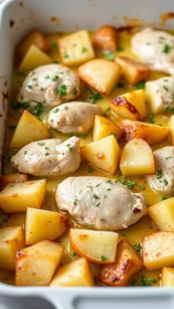 A dish of herbed chicken and roast potatoes baked together.