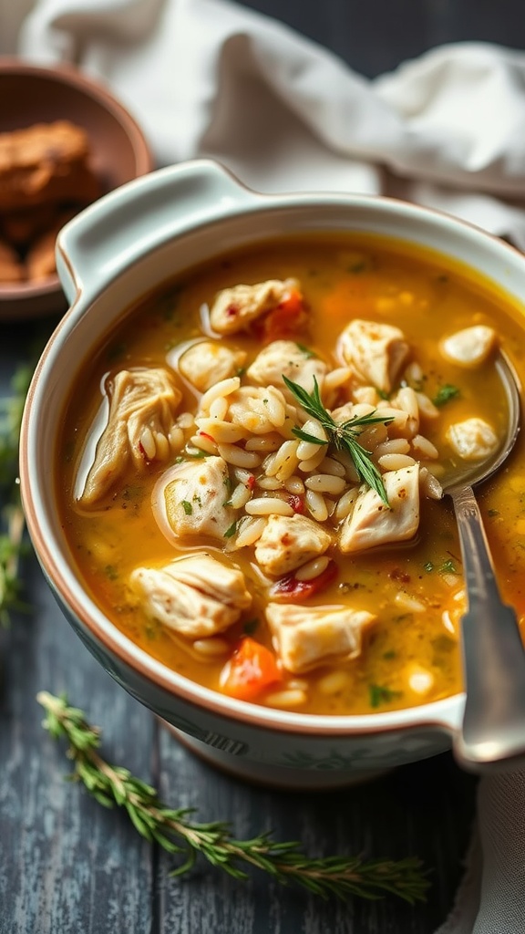 A bowl of Herbed Chicken and Wild Rice Soup with chunks of chicken and colorful vegetables.