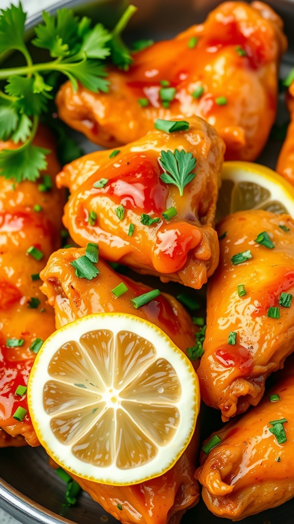 A close-up of honey garlic chicken wings garnished with fresh herbs and lemon slices.