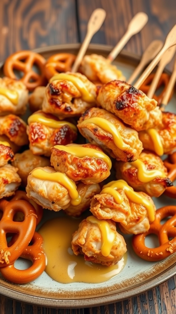 Plate of Honey Mustard Chicken and Pretzel Skewers with cheese sauce