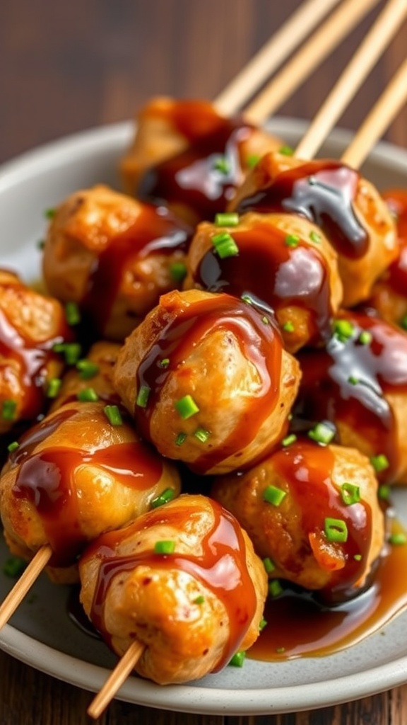 Honey Soy Glazed Chicken Meatballs on skewers with sauce