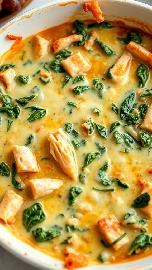 Hot and creamy spinach and chicken dip in a white dish, filled with spinach and chunks of chicken.