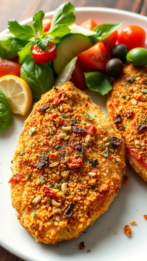 A plate of Italian Herb Crusted Chicken with colorful salad.