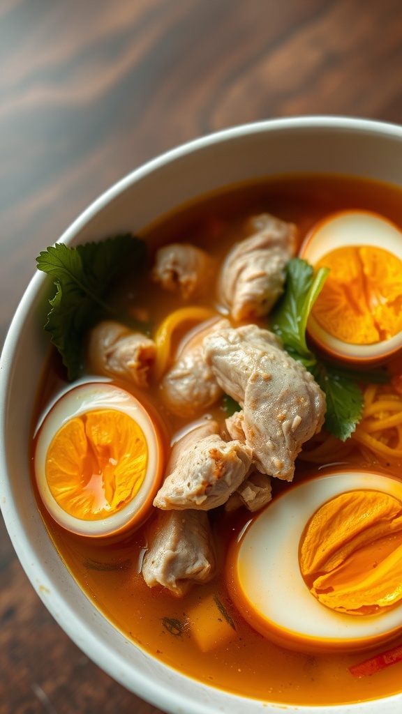 A bowl of Japanese-style chicken ramen with soft-boiled eggs and herbs.