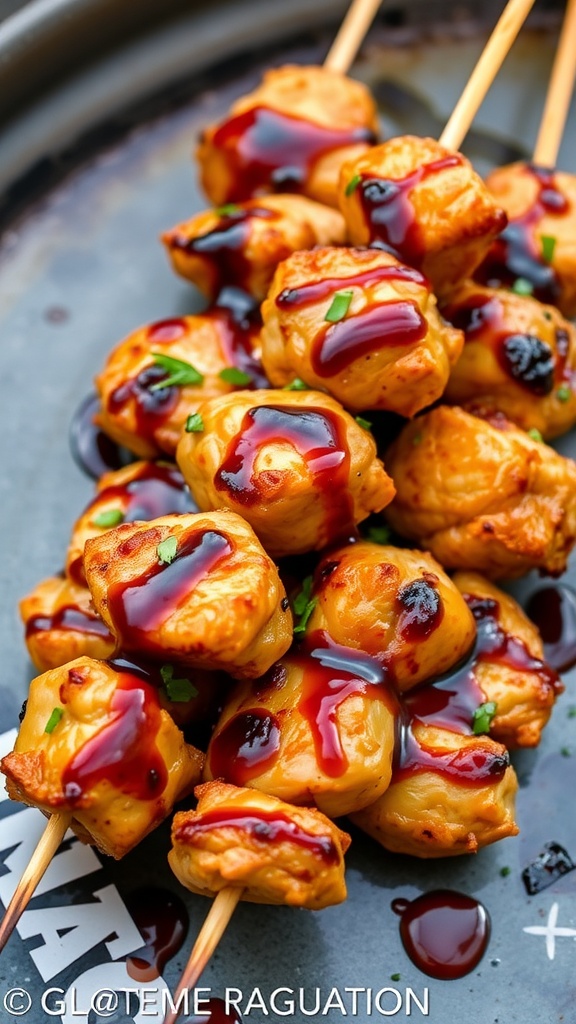 Close-up of juicy yakitori skewers glazed with sweet soy sauce and garnished with green onions.